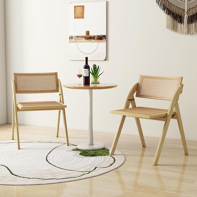 Giantex Folding Dining Chairs Set of 2, Wooden Folding Chair with Rattan Backrest & Seat, Sturdy Rubber Wood Frame, Armless Accent Chairs for Living Room, Kitchen, Wedding Party, No Assembly, Natural