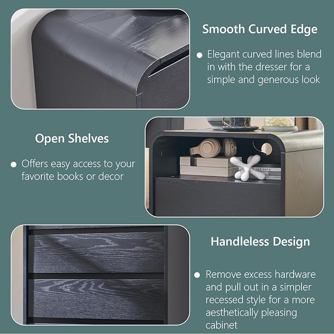 25" Tall Modern Nightstand with Charging Station, 23.6'' Wide Wood Bedside Table w/2 Storage Drawers, Large Mid Century End Table for Bedroom, Living Room, Curved Profile Design, Black
