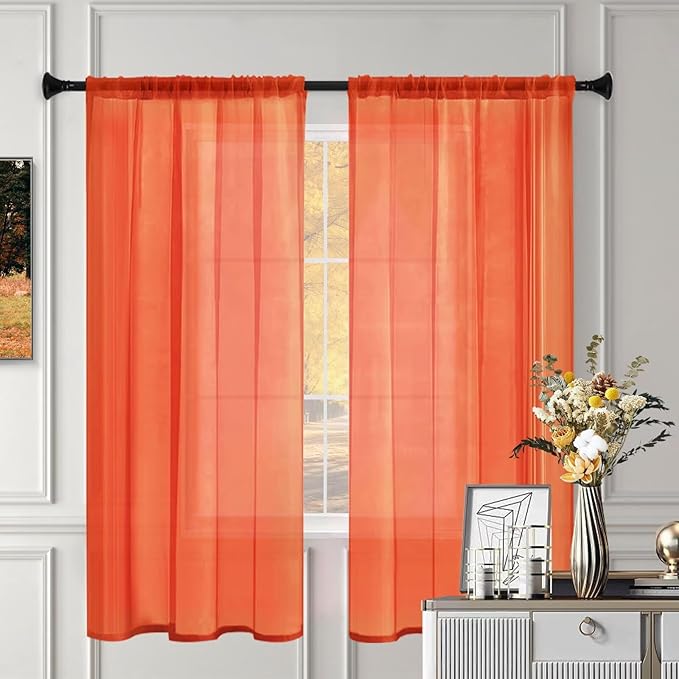 Sheer Curtains 45 Inches Long 2 Panels, Rod Pocket Short Curtain for Kitchen, Bedroom, Cafe Window(Burnt Orange 38" W x 45" L)