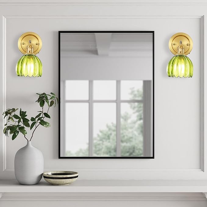 Vintage Wall Sconces Set of Two, 180 Degree Adjustable Brass Vanity Lights Fixture with Green Tulip Glass Lampshade, Hradwired Modern Wall Lighting for Bedside Bedroom Bathroom