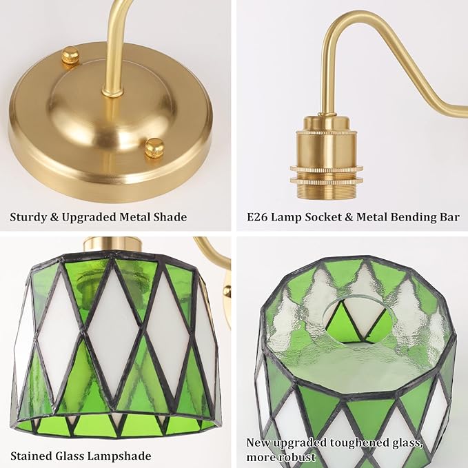 Vintage Battery Operated Wall Sconce Set of 2, 5000mAh Rechargeable Wall Lamp 12 RGB Colors Dimmable, Gold Lights Fixture for Bedroom Bathroom Living Room Hallway Clear Green Checker