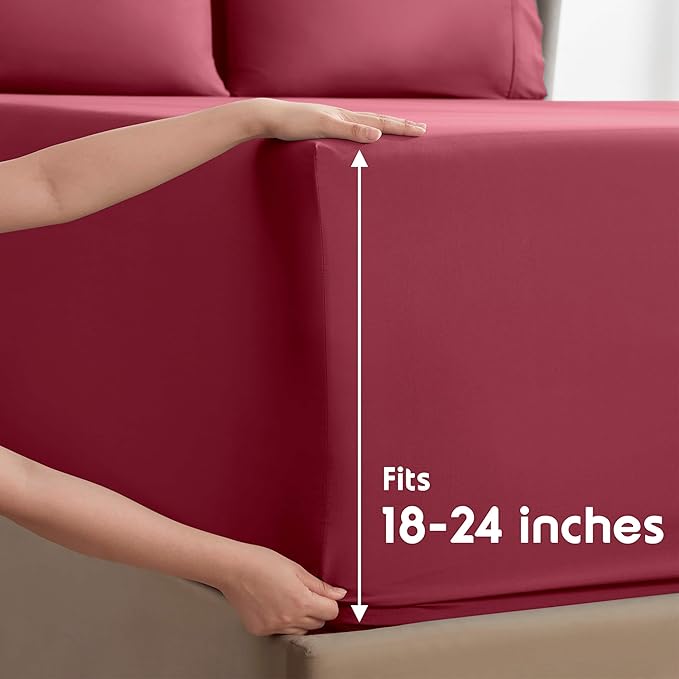 Nestl Extra Deep Twin Sheet Set - 4 Piece Breathable & Cooling Sheets - Hotel Luxury Bedding Set w/18-24 Inch Deep Pockets - Easy & Secure Fit - Super Soft, Wrinkle Free & Comfy - Burgundy Red