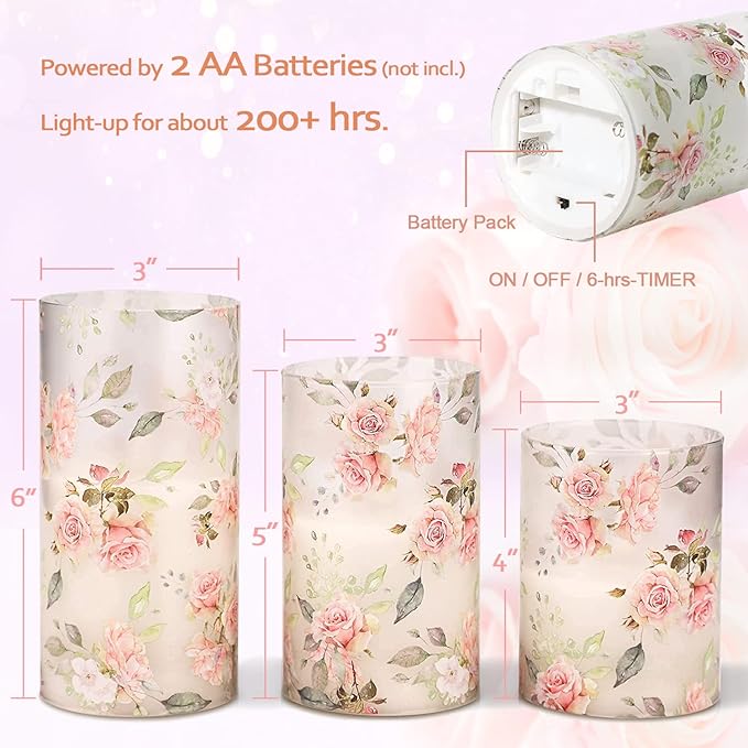 Rose Flameless Candles Love Theme Battery Operated Glass Flickering LED Candle with Remote Pink Flower Decal Realistic Pillar Candles Bedroom Home Decor Table Ornament