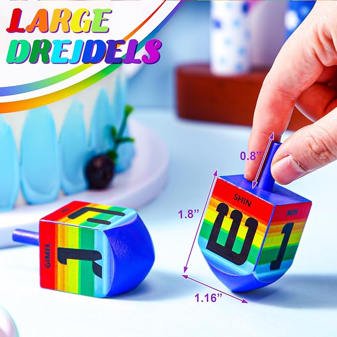 2 Pcs Hanukkah Dreidels Game Toy Extra Large Wooden Dreidel for Hanukkah Decoration with English Transliteration, Forever Spinning Tops Party Favors(Rainbow)