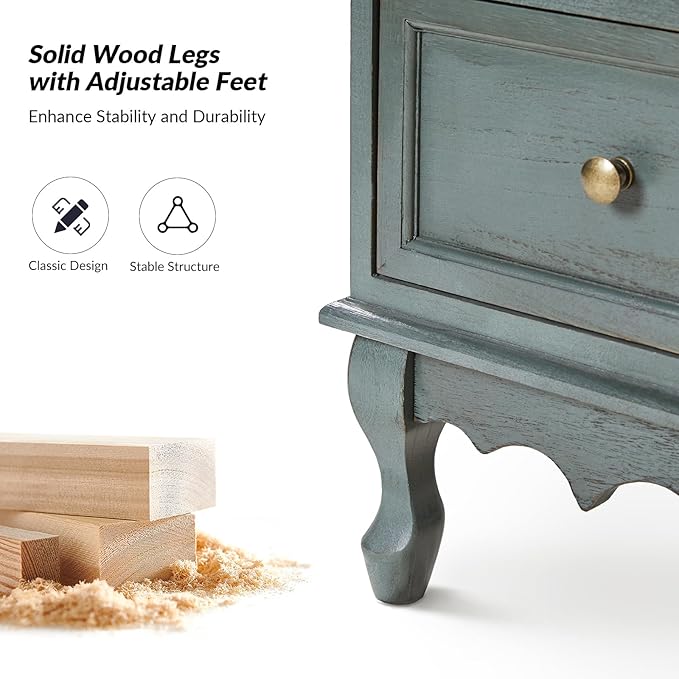 HULALA HOME 3-Drawer Nightstand with Charging Station, Farmhouse Solid Wood Nightstand Set of 2(Blue)