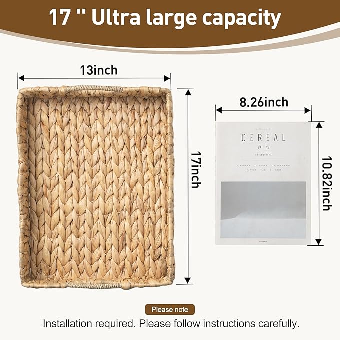 Water Hyacinth Serving Tray, Handwoven Woven Tray with Handles and Scalloped Edge, Rectangle Wicker Basket for Home Decor and Organizing, 16.9" L x 12.9" W x 1.96" H