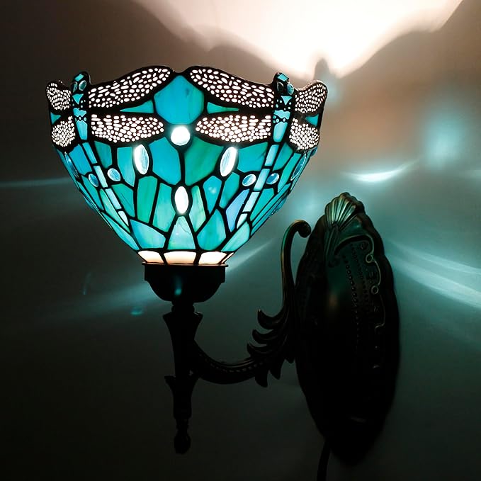 Tiffany Wall Sconce Lamp Blue Stained Glass Flower Style 8X10.5X11 Inch Plug in Wall Bedside Light for Hallway Bedroom (Green Blue Dragonfly Style)