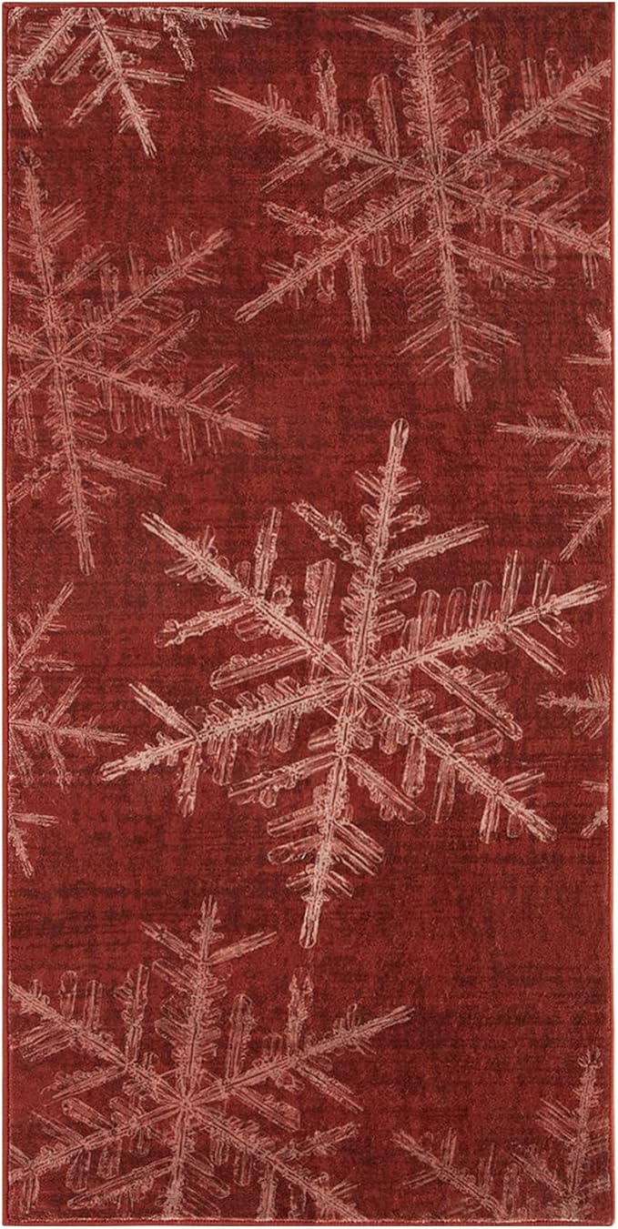 Lahome Snowflake Christmas Area Rug, 2x4 Washable Christmas Kitchen Rugs for Entryway Soft Doormat Indoor, Small Red Rug Non-Slip Holiday Decor Entryway Rugs for Bathroom Bedroom(2x4ft,Red)