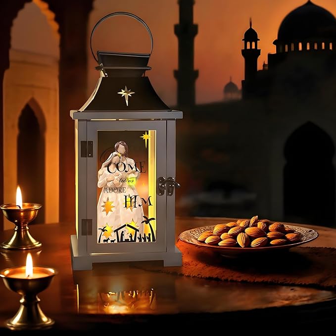 Christmas Candle Lanterns Decorative Indoor- Hanging Candle Lantern with Resin Christmas Nativity Figurine That Light up for Modern Farmhouse Decor, Xmas Lantern for Table Centerpieces, Home Décor