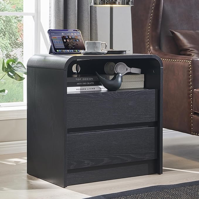 25" Tall Modern Nightstand Set of 2, 23.6'' Wide Wood Bedside Table w/2 Storage Drawers, Charging Station, Mid Century End Table for Bedroom, Living Room,Curved Profile Design, Black