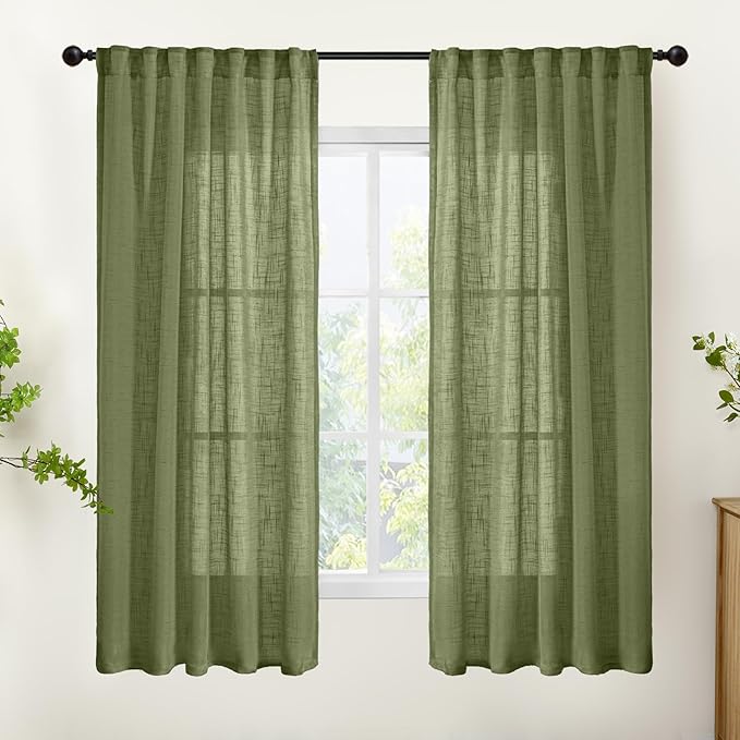 YoungsTex Olive Green Linen Semi Sheer Curtains 63 Inch Length for Living Room Window, Light Filtering Drapes Rustic Textured with Rod Pocket Back Tab for Bedroom, 2 Panels, 42 X 63 Inch