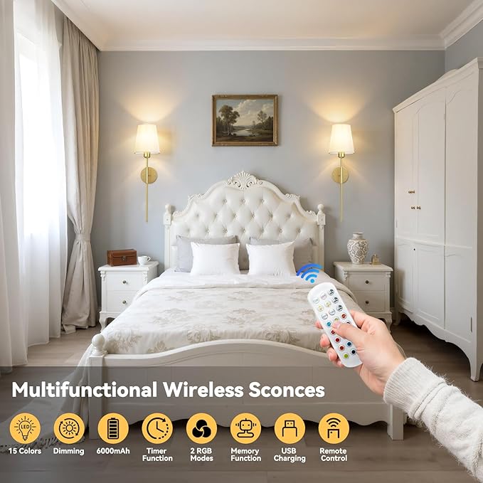 25.6 inch Battery Operated Wall Sconces Set of 2, Wireless Wall Lights with Rechargeable Bulbs & Remote, 15 Colors & Dimmable, Battery Powered Wall Lights for Bedroom, Living Room, Hallway