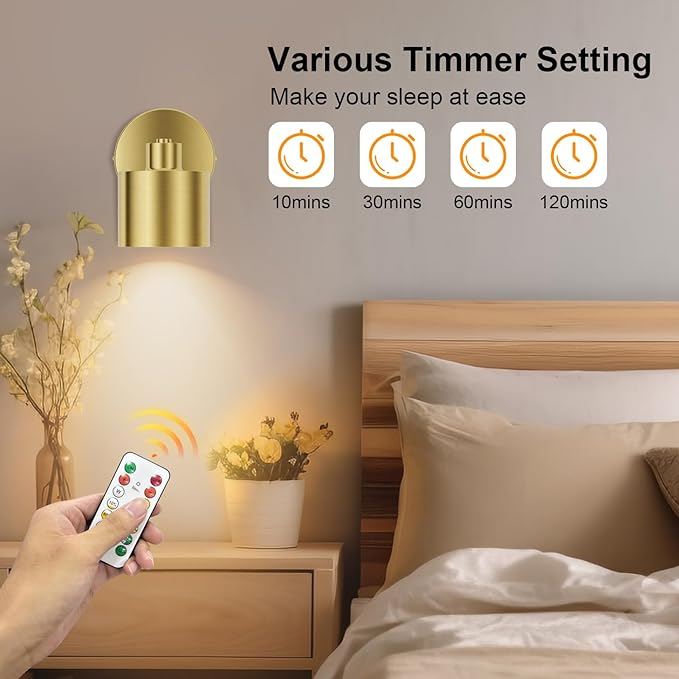 Tipace Gold LED Wall Mounted Lights 2 Pcs with Remote,Wall Sconces Lamp Battery Operated,3 Color Temperatures & Dimmable 360° Rotation Cordless Light for Bedroom Bedside Farmhouse Gallery