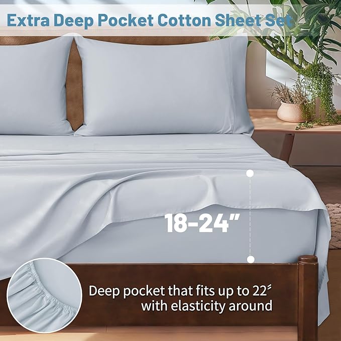 Extra Deep Pocket California King Sheets 18-24 Inch 100% Egyptian Cotton 1000 Thread Count Sateen Weave Soft Breathable 4 Pieces(California King,Light Blue)