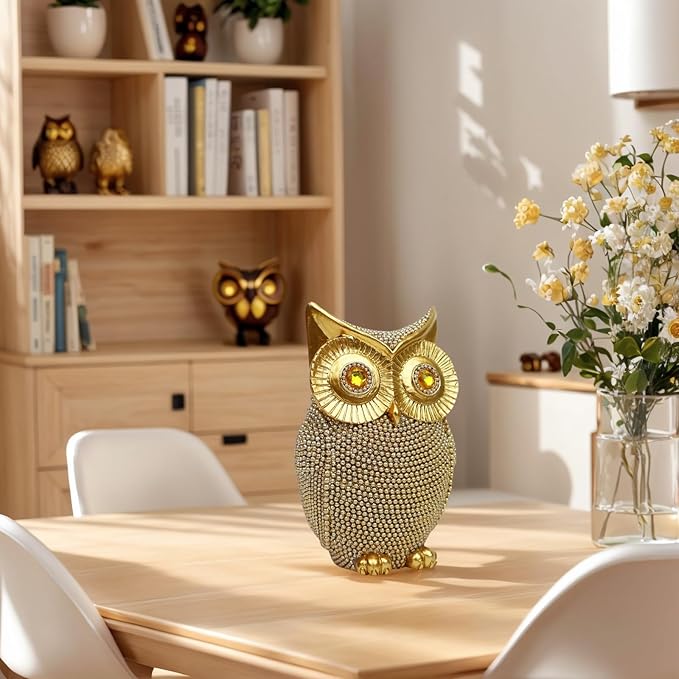 Golden Glitter Owl Statue - Cute Owl Sculpture for Home Art Decorations, Unique Gift Idea for Housewarming, Birthday, Christmas(6.5'')