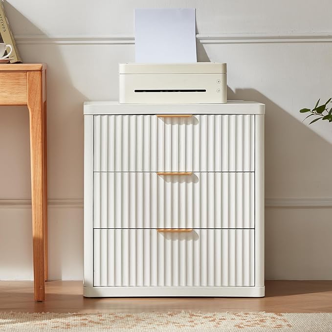 LEYAOYAO 23" Wide Fluted Farmhouse Night Stand Set of 2 with Charging Station, 3 Drawers Large End Table w/Metal Handle,White Nightstand Bedside Table,Wood Dresser for Bedroom, Closet