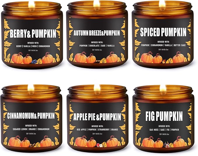 Fall Candles Set/6Pack Pumpkin Scented Candles for Home Decor,Halloween,Autumn Candle Scents of Berry,Sugar Lemon,Spiced Apple,Autumn’s Breeze,Cinnamon,FIG,Christmas Candle Gifts,Fall Gifts for Women