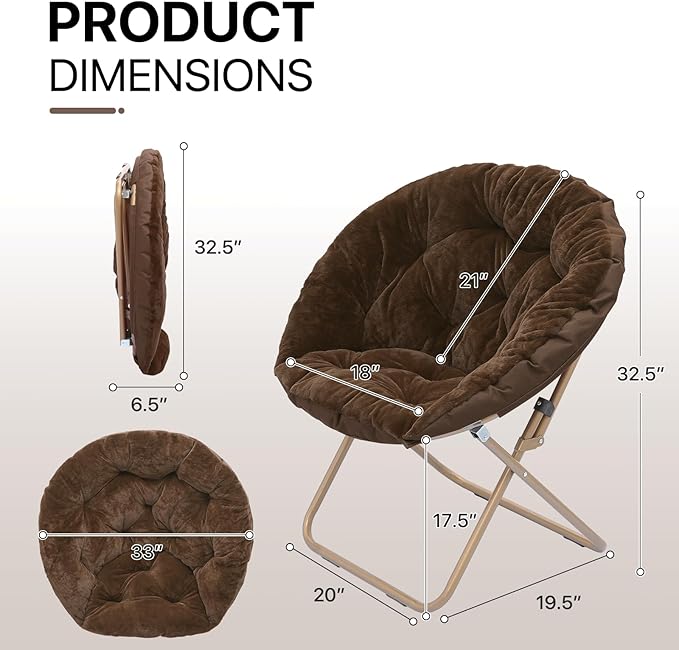 Athena Collection Comfy Saucer Chair Folding Cozy Chair for Bed Room Living Room Accent Chair Faux Fur Reading Chair Foldable Metal Frame Lazy Chair Moon Chair for Adult Set of 2, Brown