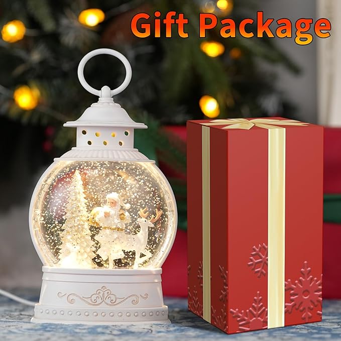 Christmas Snow Globes with Music, Santa Deer Lighted Christmas Lantern with 6h Timer, USB or Battery Operated Festival Decoration Gifts