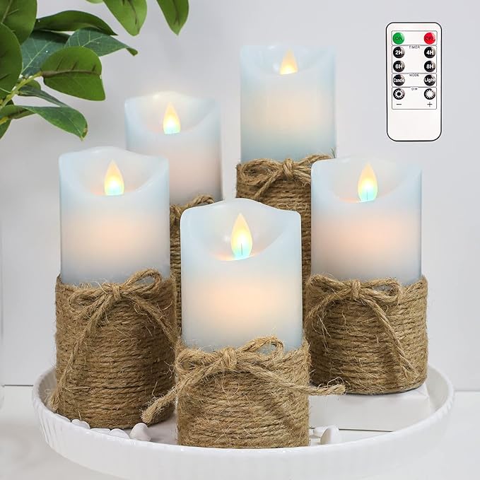 Crystal Club Blue Flameless Candles, Set of 5 Battery Operated LED Pillar Candles with Timer, Real Wax Candle Set with Remote for Home Bedroom Décor
