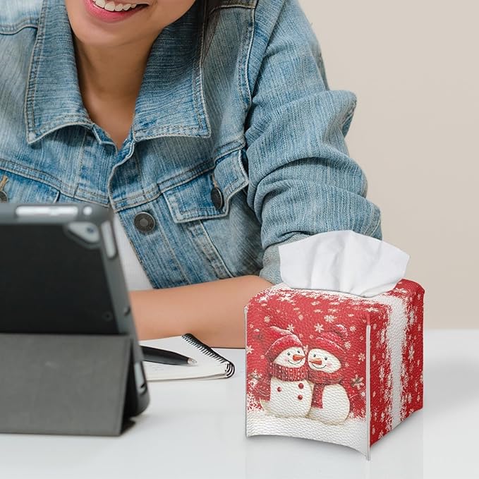 Cute Snowman Tissue Box Holder Square PU Leather Tissues Cube Box Cover Christmas Modern Decorative Facial Napkin Holder Case for Car Kitchen Bedroom Bathroom