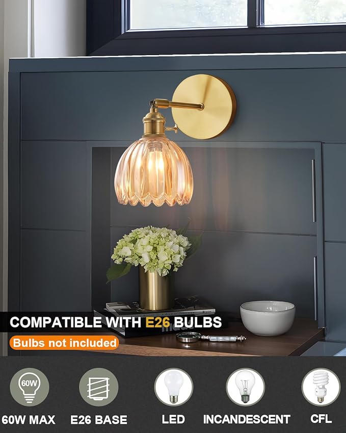 Plug in and Hardwired Wall Sconces, Luxury Vintage Tulip Crystal Glass Shade Wall Light with Switch for Bedside Bedroom Living Room (Tulip-Amber, 2)