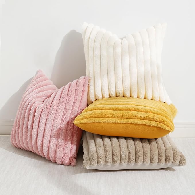 decorUhome Faux Fur Throw Pillow Covers 24x24 Set of 2, Decorative Soft Plush Striped Neutral Couch Euro Pillow Covers with Velvet Back for Sofa, Bed, Living Room Home Decor, Mustard Yellow