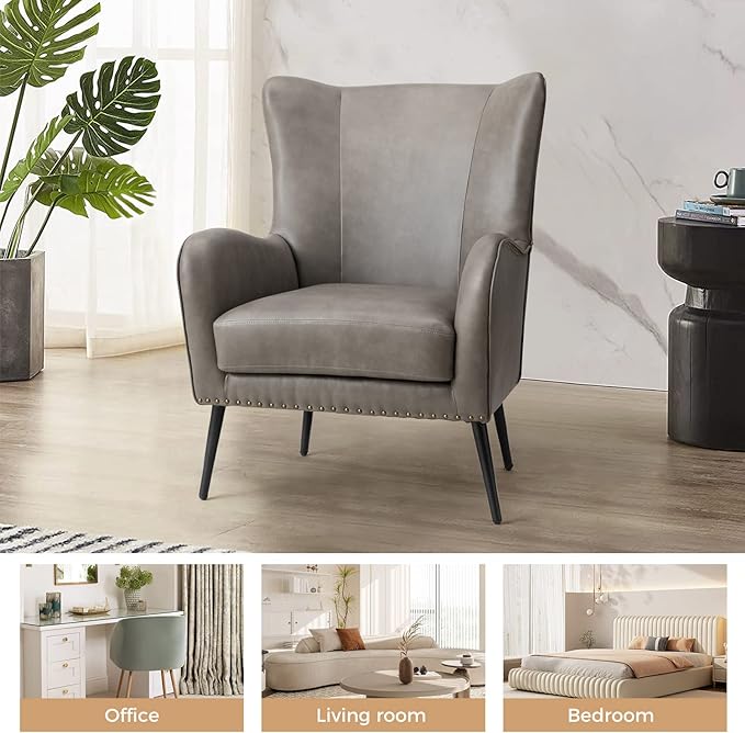 HULALA Home Faux Leather Accent Chair w/Removable Cushion, Comfy Upholstered Armchair with Black Metal Legs & Nailhead Trim Wingback Vanity Chair Desk Chair for Reading Living Room Bedroom, Grey
