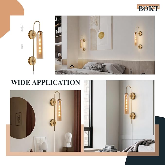 BOKT Modern 1-Light Amber Glass Wall Sconce Plug in Mid Century Brass Gold Wall Sconce Lighting Plug in Cord Industrial Vintage Indoor Long Bathroom Bar Wall Lamp (Amber)