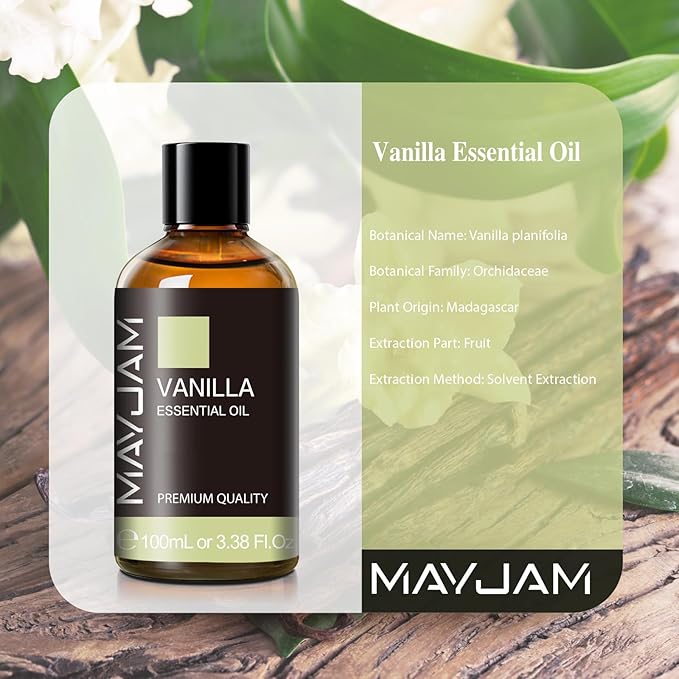 MAYJAM Vanilla Essential Oil 100ML, Pure Essential Oils for Massage, Diffusers, Vanilla Oil Fragrance Oil for Soap Candle Making (3.38FL.OZ Bottle)