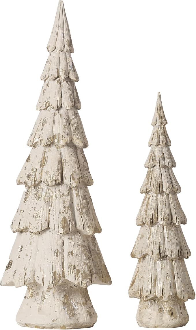 Christmas Tree Figurines, Wood Effect Accented with Gold, Tabletop Xmas Trees Set of 2, Small Decorative Resin Christmas Trees, Christmas Decorations Indoor, Winer Mantle Decor for Table Centerpieces