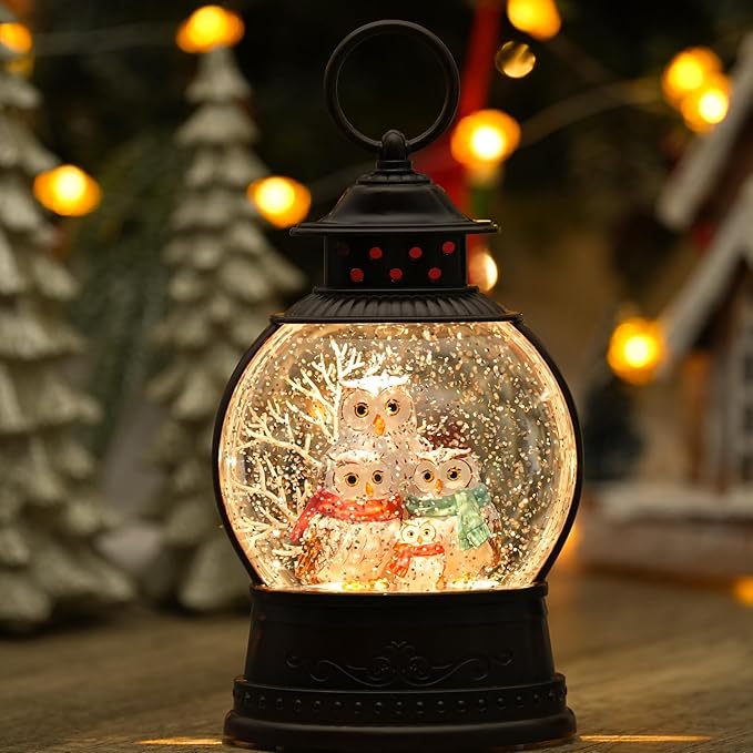 Christmas Owl Family Snow Globe Musical Snow Globes Light up Swirling Glitter Snow Globe Lantern with Timer, Owl Collectible Figurines Lighted Christmas Home Decor USB Powered & Battery Operated