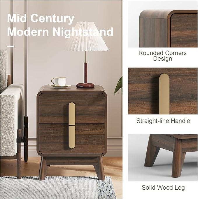 Mid Century Modern Bedroom Set, 6 Drawer Dresser and Nightstand Sets for Bedroom, Night Stand Set 2 & 6 Drawer Dresser with Gold Handles, Wood Chest of Drawers Storage Cabinet Set, Walnut