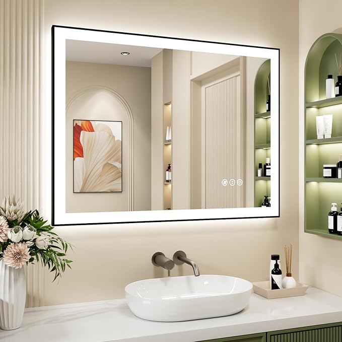 40x30 Inch LED Bathroom Mirror with Black Frame, Backlit and Front Lighted Bathroom Mirrors for Wall, Anti-Fog, Dimmable, Memory, Shatterproof, LED Vanity Mirror for Bathroom