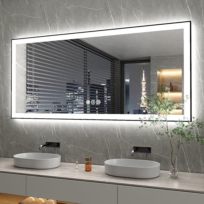 60x28 Inch LED Bathroom Mirror with Black Frame, Backlit and Front Lighted Bathroom Mirrors for Wall, Anti-Fog, Dimmable, Memory, Shatterproof, LED Vanity Mirror for Bathroom