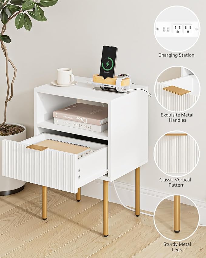 Masupu Nightstand with Charging Station,Mid-Century Modern Bedside Table with Storage Drawer and Open Wood Shelf,Small Gold Frame Side Table for Bedroom,Living Room (White)