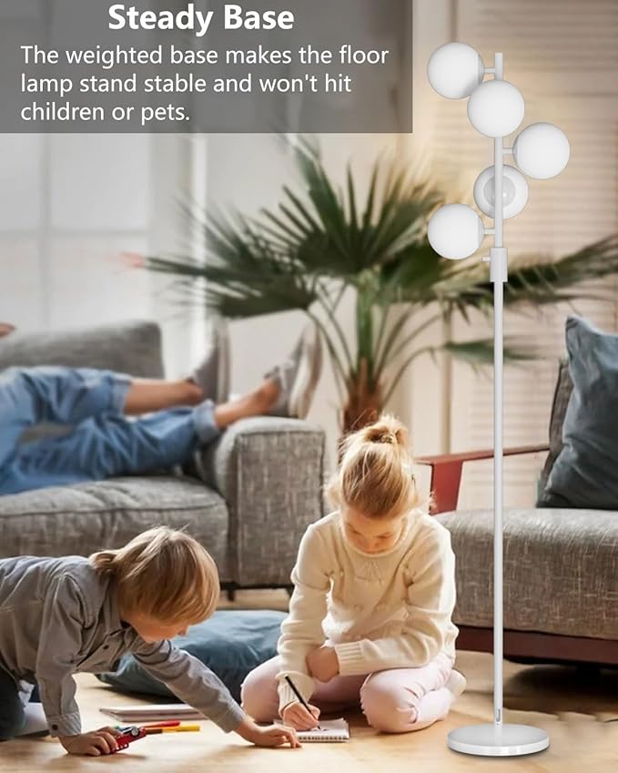 64IN Dimmable White Floor Lamp, Tall Standing Lamps with 5 Globe Soft Warm White Eye Care 3000K G9 Bulbs, Mid Century Modern Floor Lamp for Living Room Bedroom Office