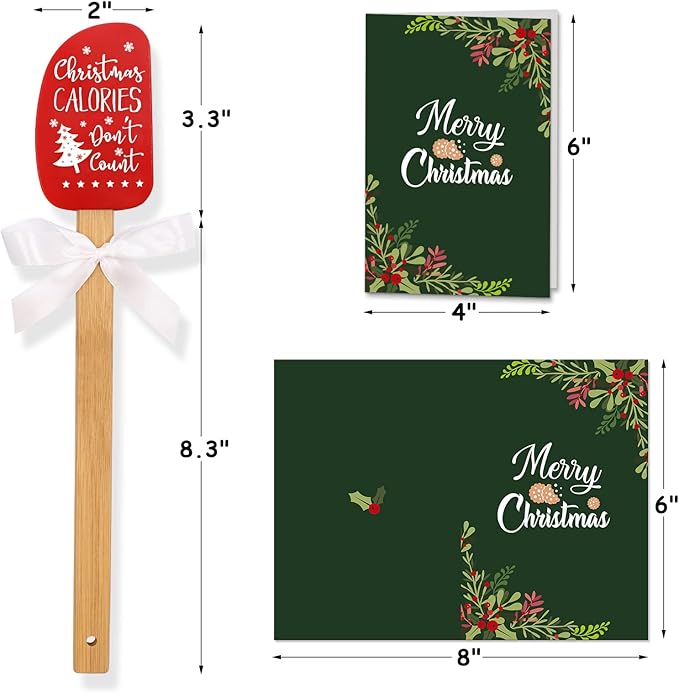 3PCS Christmas Silicone Spatula Set Decor Baking Gifts for Mom Flipping cake Food Grade Heat Resistant Kitchen Utensil Cooking Mixing Festival Wooden Handle and Ribbon Bows with greeting card present