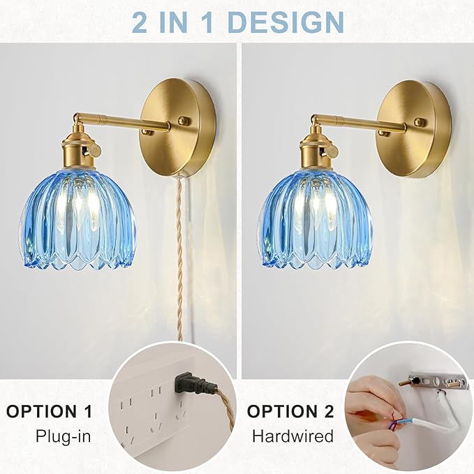 Plug in Wall Sconce, Vintage Sconce Light with Tulip Sky Blue Glass Lampshade, 180° Adjustable Wall Sconce with Switch and Plug in Wall Lamp Cord, Gold Wall Light for Bedroom Bedside