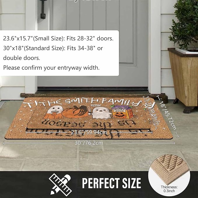 InterestPrint Personalized Halloween Family Doormat with Name Happy Ghost Custom Family Member Welcome Mat, Customized Halloween Door Mat with Name, Dog, Cat, Ghost Family Welcome Doormat
