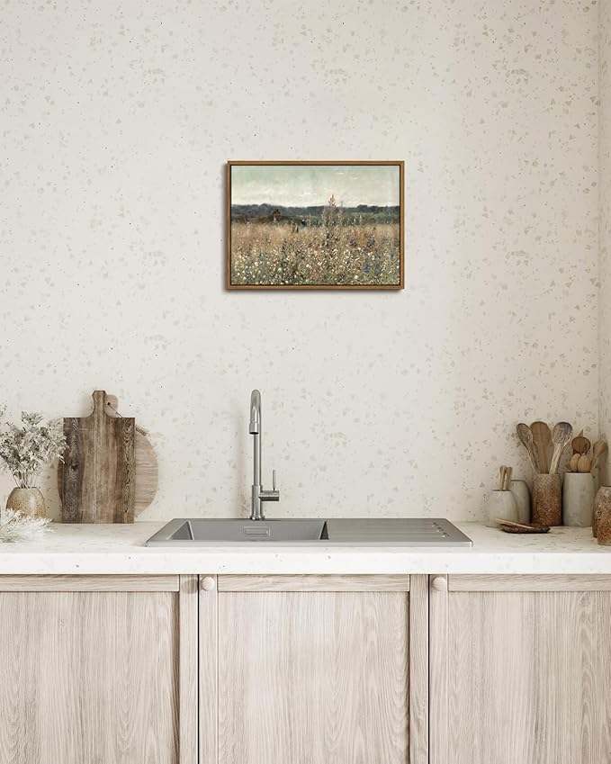 KISSFOX Vintage Landscape Canvas Wall Art Fall Farmhouse Wildflower Field Framed Wall Art Autumn Natural Serene Countryside Paintings Artwork Rustic Art Prints For Bedroom Bathroom Living Room