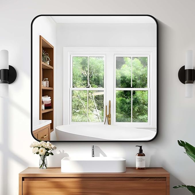 Bathroom Mirror, 36"x36" Black Square Wall Mirror, Metal Frame Rounded Corner Vanity Mirror, Large Wall Mounted Mirror for Modern Bedroom Living Room Horizontal Or Vertical Mounting