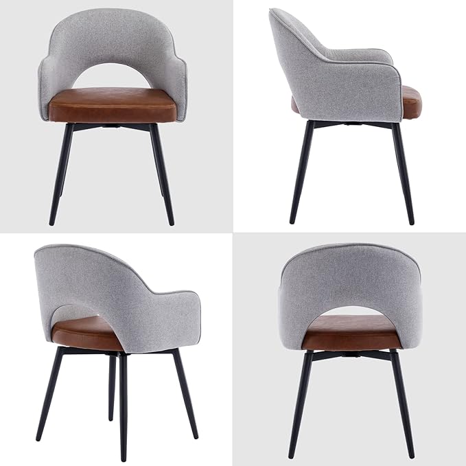 DUOMAY Modern Swivel Dining Chairs Set of 6, Linen & Faux Leather Upholstered Accent Side Chair, Home Office Desk Chair with No Wheels for Dining Room Living Room Office, Light Grey
