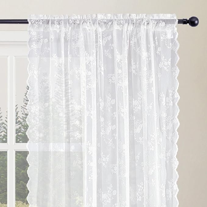 Sheer Lace Curtains 84 Inches Long, Vintage Floral Light Filtering White Lace Curtains for Living Room & Bedroom, Rod Pocket, 2 Panels Set, Tiny Flower Pattern (White, 52" W x 84" L)