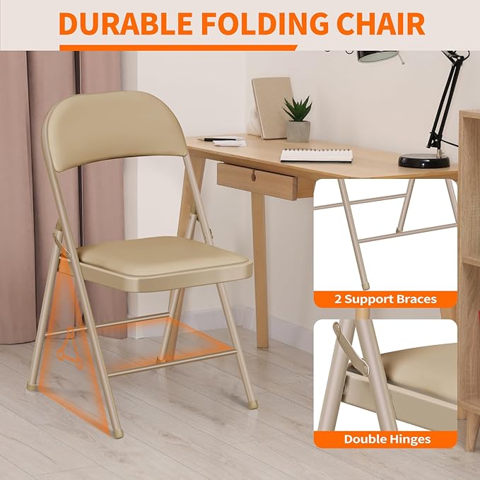 4 Pack Folding Chairs with Cushion – Padded Memory Foam Khaki Seating Space-Saving Foldable Chairs for Indoor Outdoor Weddings, Parties, Backyard & Office Events (Khaki, 4 Pack)