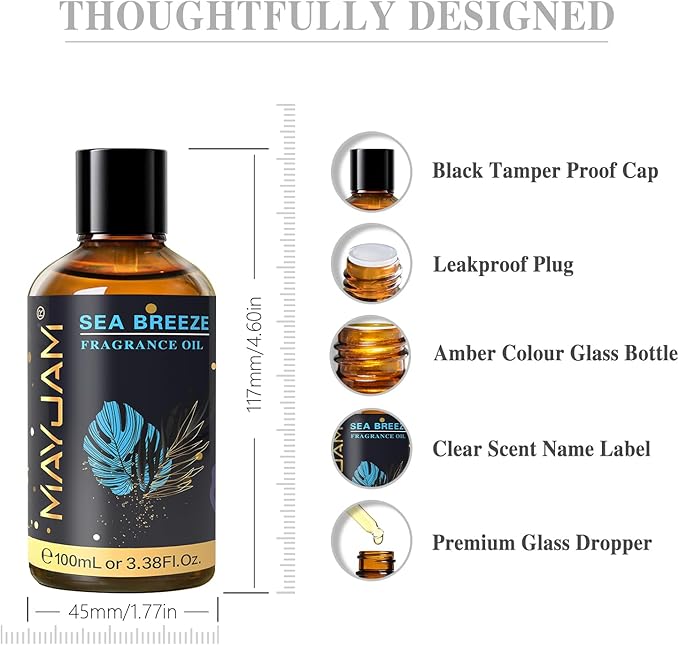 MAYJAM 100ML/3.38FL.OZ Sea Breeze Fragrance Oils with Glass Dropper, Essential Oils for Diffusers for Home, Long Lasting Scented Oils for Diffusers Soap Candle Making