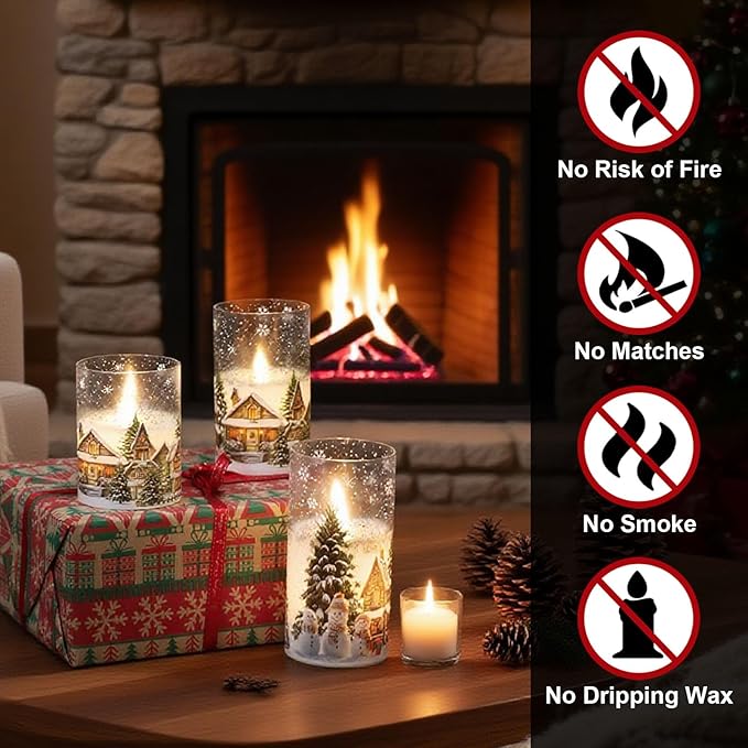DRomance Snowman House Glass Flameless Candles Battery Operated with Remote and Timer Real Wax LED Flickering Pillar Candles Cold White Light Window Christmas Holiday Decor 3" D x 4", 5", 6" H