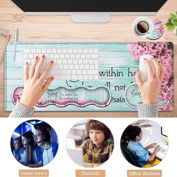 Mouse Pad Set, Large Gaming Mouse Pad + Keyboard Wrist Rest Support + Mouse Wrist Cushion + Coaster, Non-Slip Rubber Base, 31.5 x 11.8 in Extended Desk Mat for Office, Psalm 46-5 Pink Hyacinth