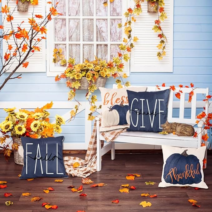 Fall Pillow Covers 20 x 20 Inch Blue Pumpkins Throw Pillow Covers for Farmhouse Autumn Cushion Covers Thanksgiving Pillow Case for Indoor Home Bedroom Sofa Decor