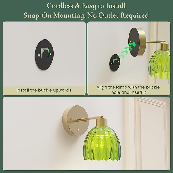 Vintage Battery Operated Wall Sconces Set of 2, 5200mAh Wireless Rechargeable Wall Lamps with Green Glass Tulip Lampshade, Cordless Wall Mounted Lights for Bedroom Vanity Living Room